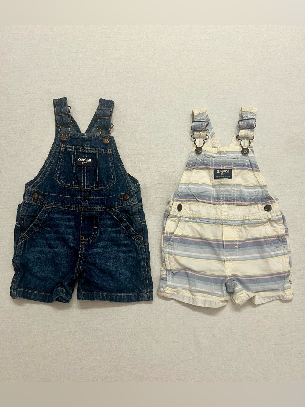 OshKosh B’gosh 12M Short Overalls Bundle Denim & Striped EUC
